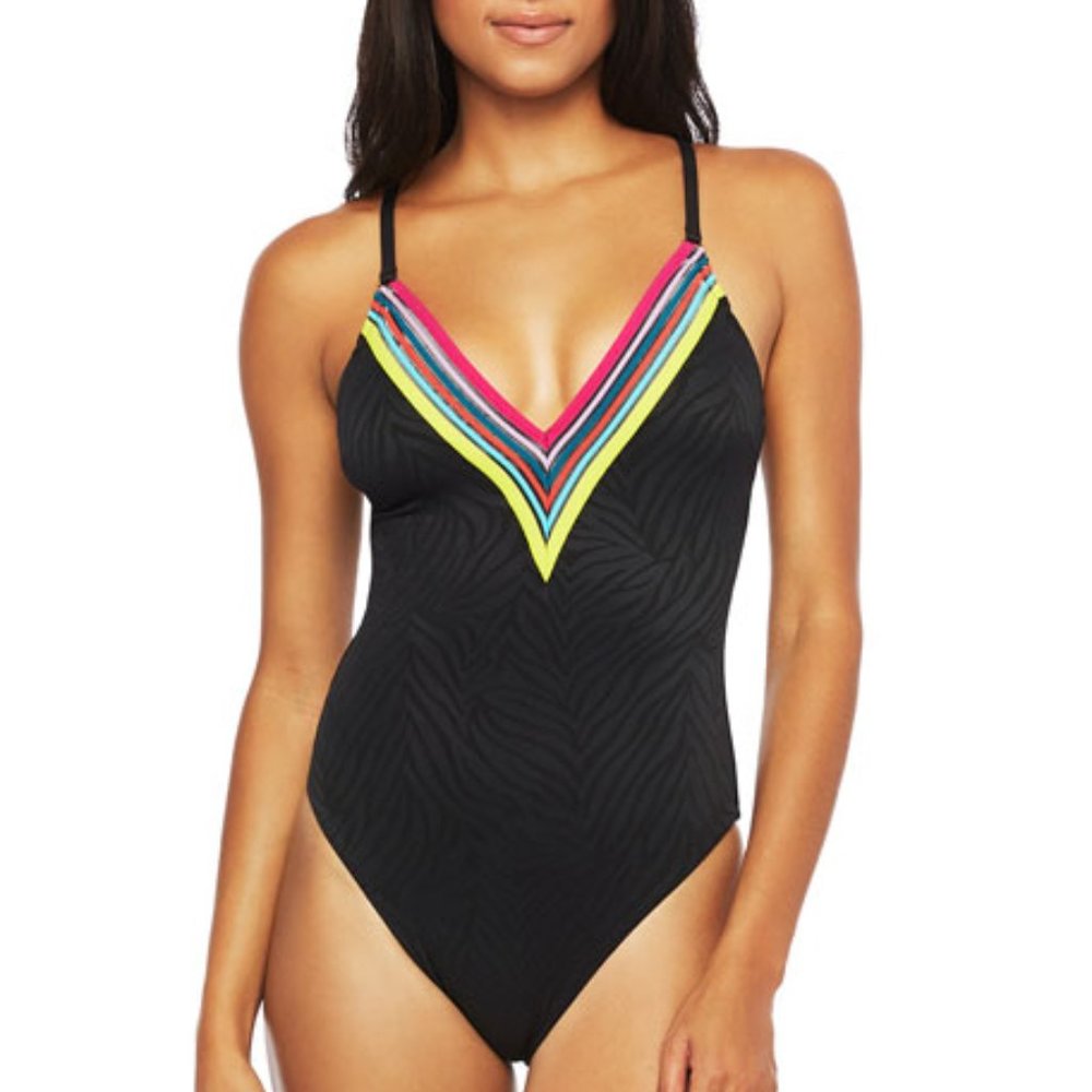 🌈Rainbow 🌈 Trina Turk Textured Rainbow Plunge Sz 4 NWOT